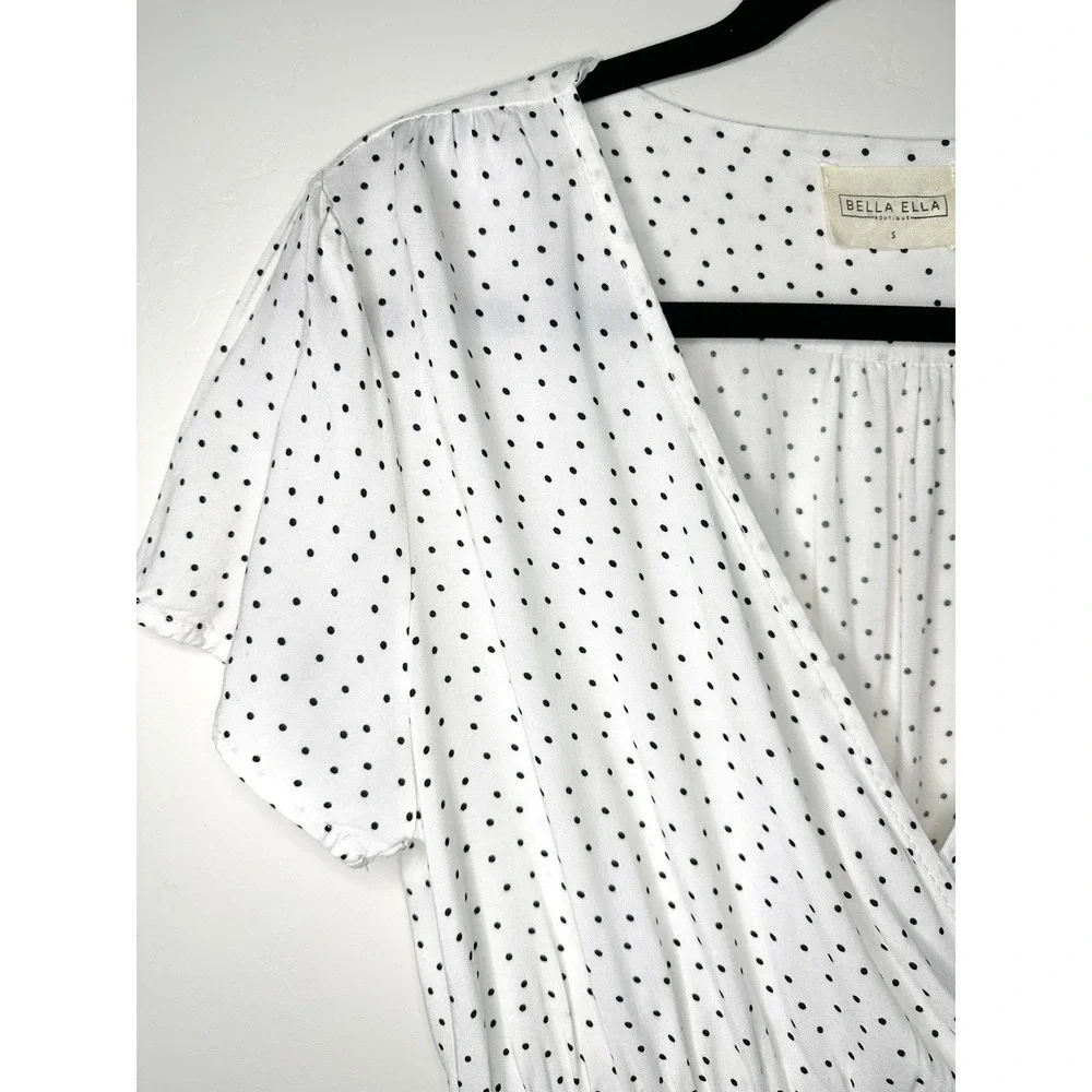 Bella Ella White Black Polka Dot Faux Wrap Dress Rayon S Summer Wedding Guest‎